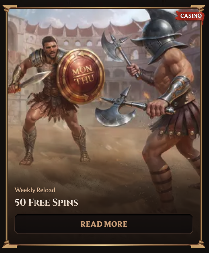 Weekly reload promo card showing a 50 free spins offer