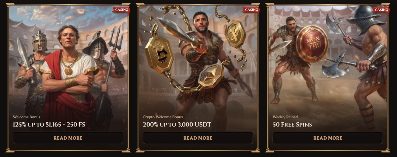 Welcome bonus, crypto welcome bonus, and weekly reload promo cards at Lanista Casino