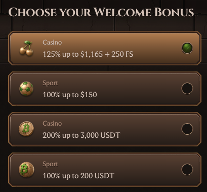 Bonus selection screen letting players choose their welcome offer