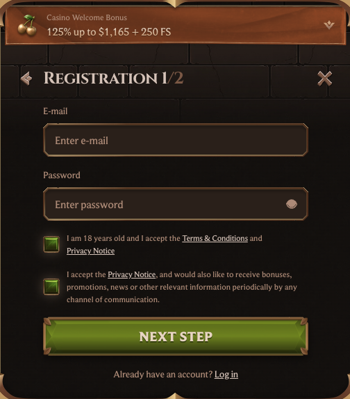 Lanista Casino registration form step one with welcome bonus banner